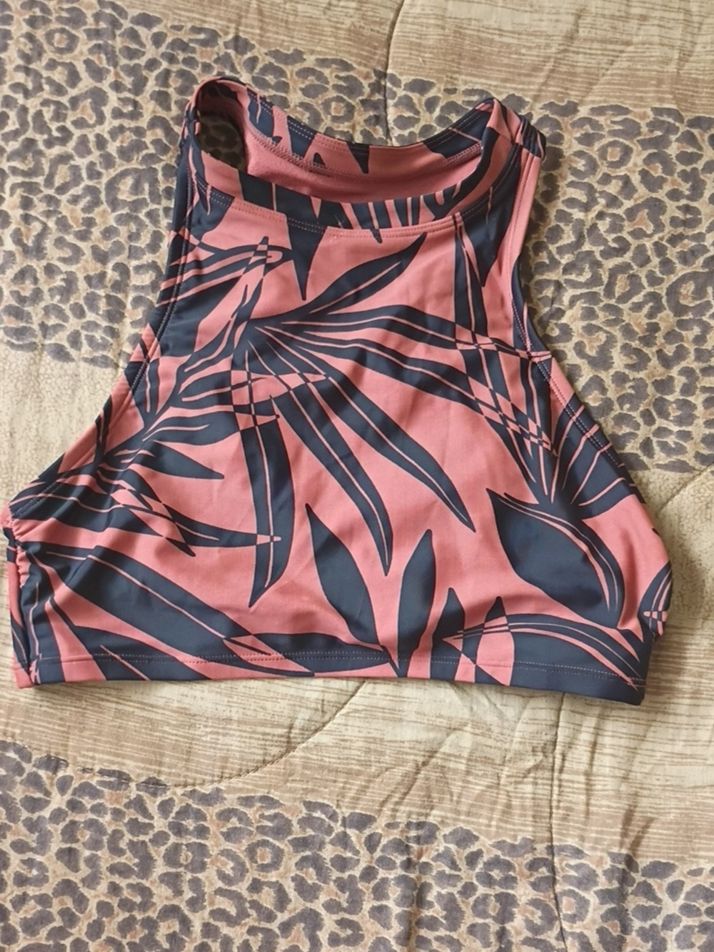 all in motion High-Neck Crop Top with Navy Leaf Print